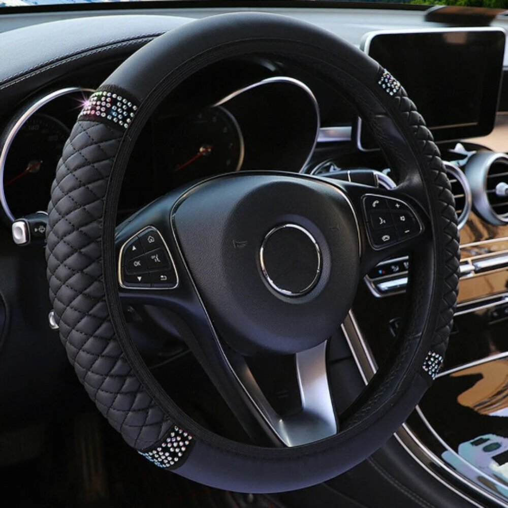 15" Bling Steering wheel Cover - Modern Leather Steering , Rhinestones